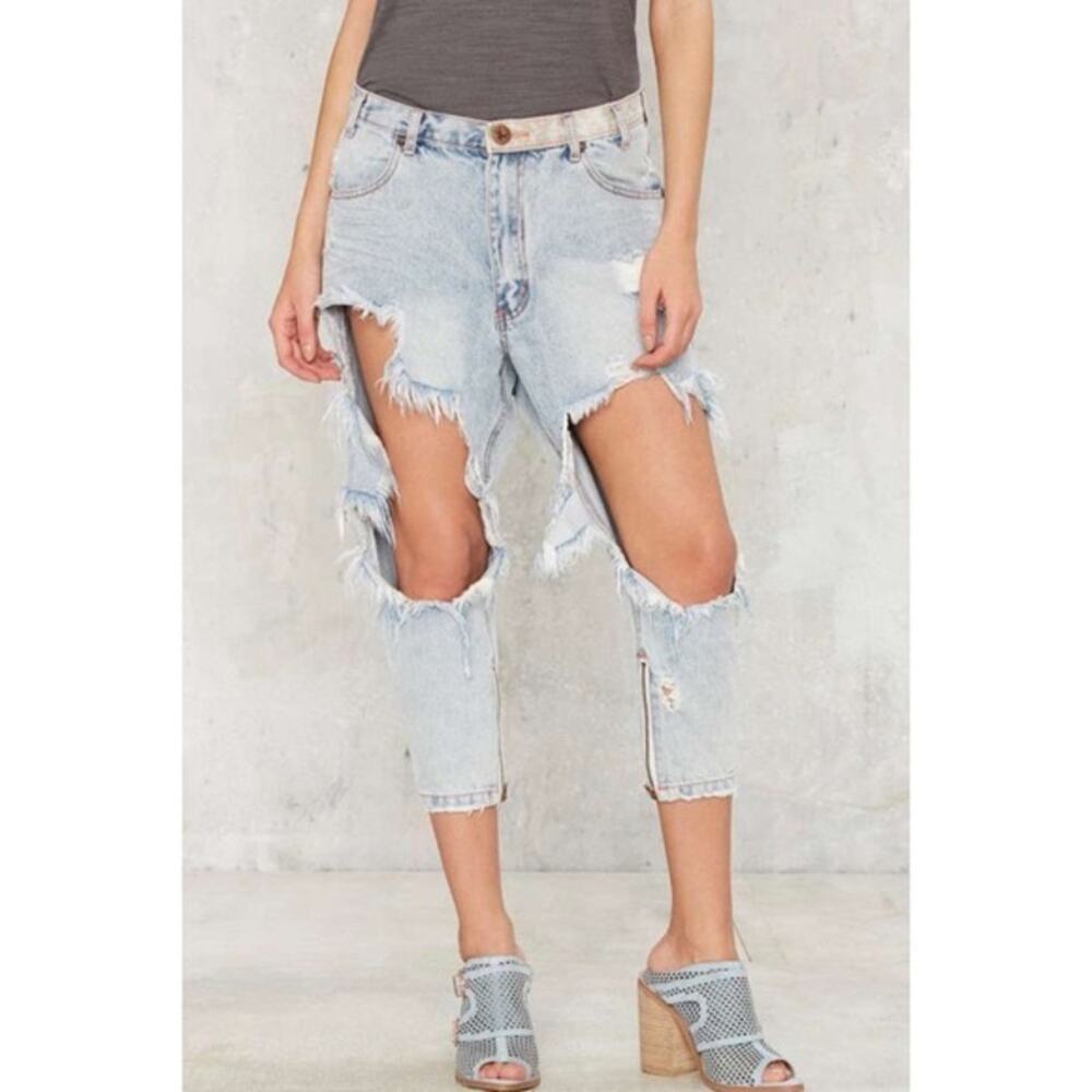 One Teaspoon 23 Kingpins Relaxed Busted Destroyed Zip Crop Slouchy Light Jeans